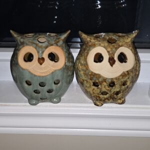 Ceramic Owl Candle Holders - Green and Brown